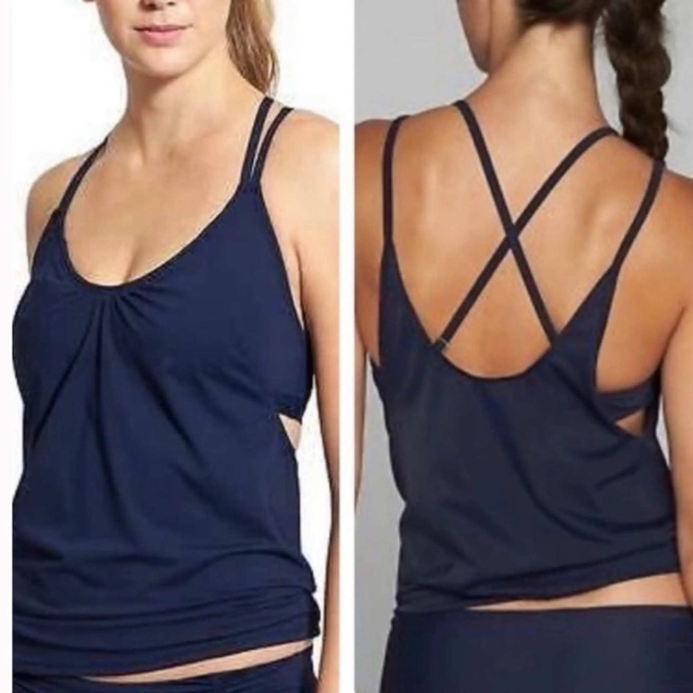 Athleta Tankini Women 40D/DD Navy Seascape Bra Cup Swim Top H2ECO UPF 50+ NEW